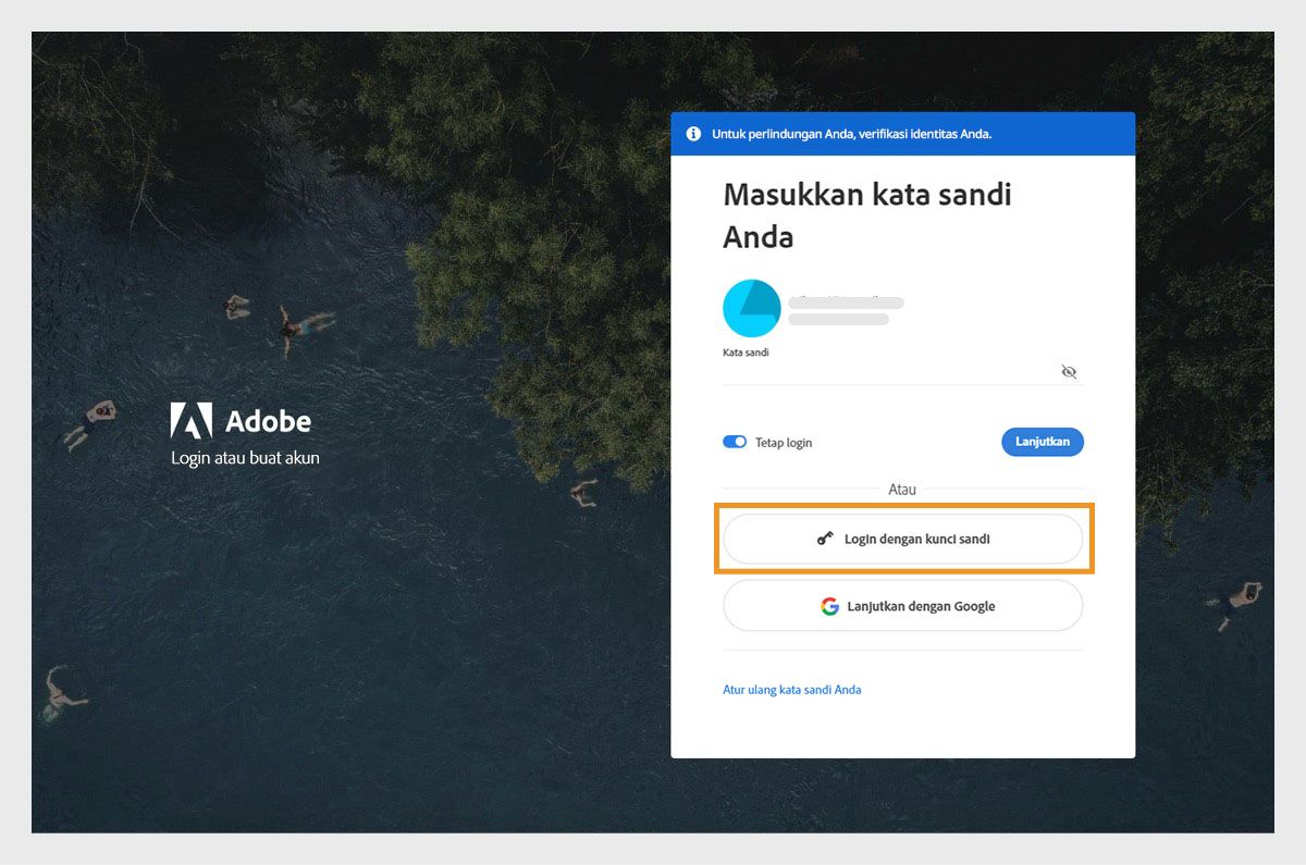 Halaman login dengan kotak teks untuk memasukkan kata sandi Anda dan opsi menggunakan kunci akses atau akun sosial. 