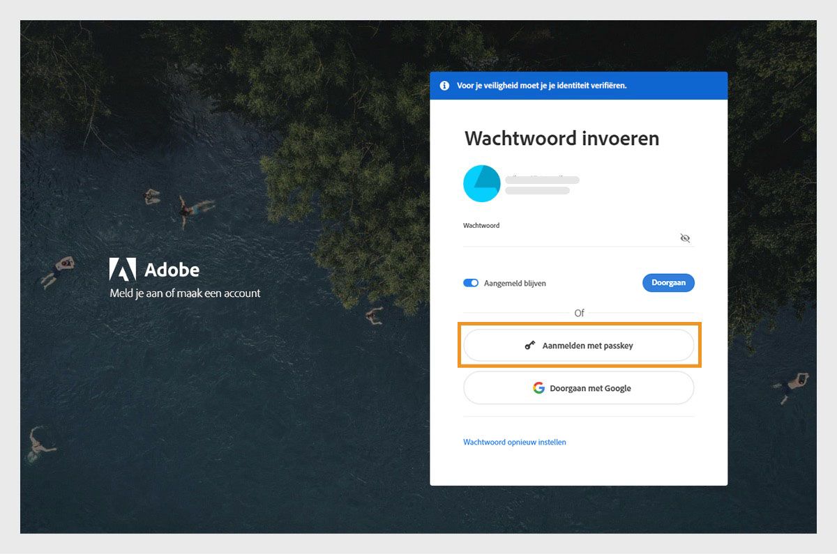 De aanmeldingspagina met een tekstvak waarin je je wachtwoord typt en opties om een passkey of socialmedia-account te gebruiken. 