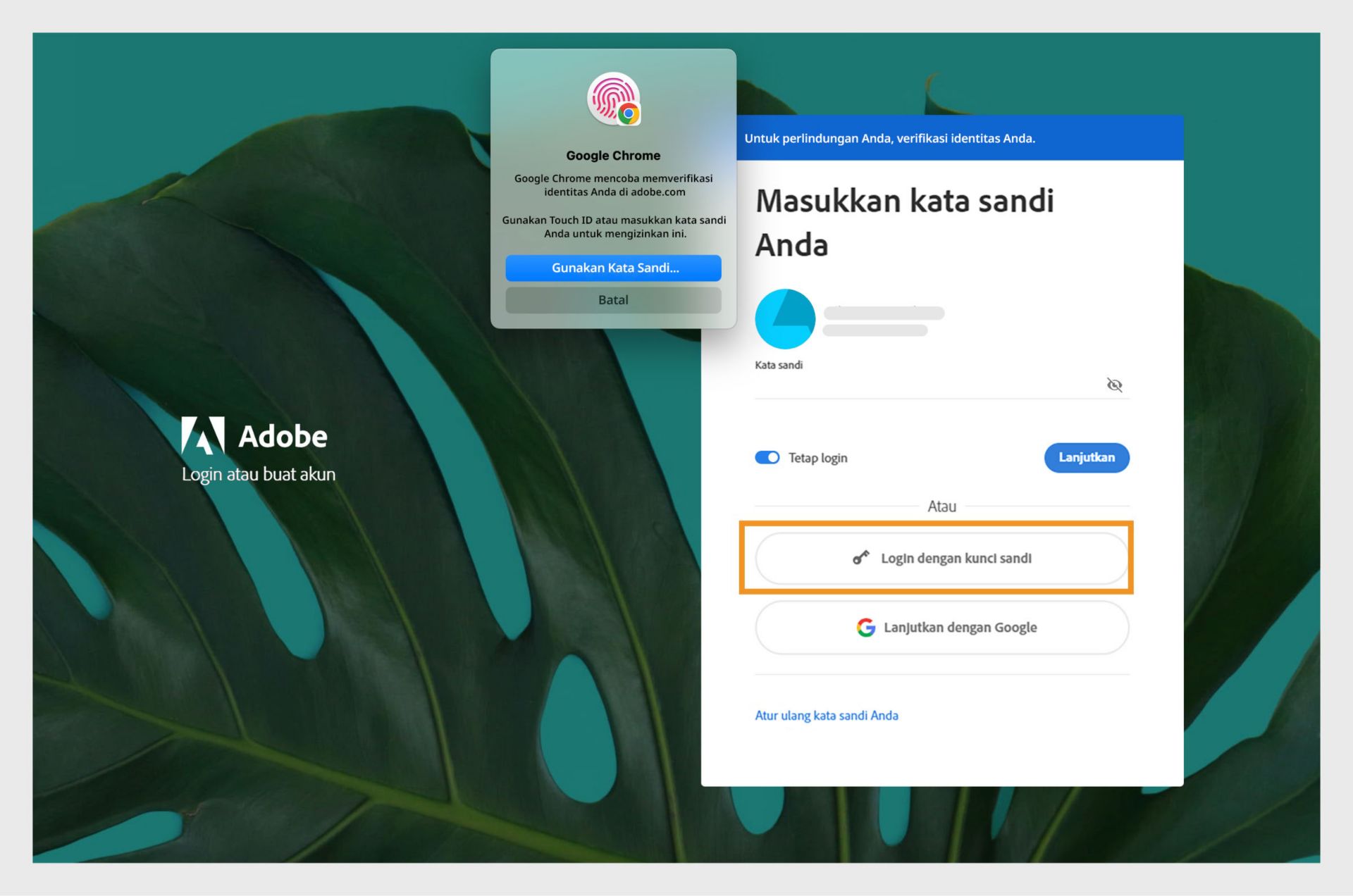 Prompt Google Chrome yang meminta Anda menggunakan touch ID atau memasukkan kata sandi untuk login ke akun Adobe Anda. 