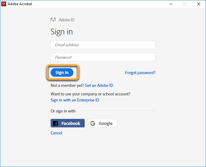 Casetă de dialog pentru conectare cu Adobe ID