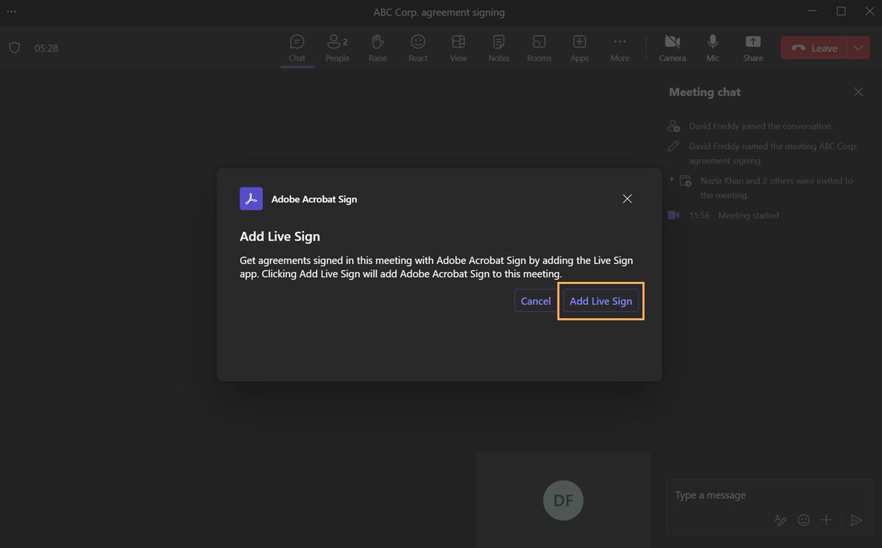 Live Signing on Acrobat Sign for Microsoft Teams.