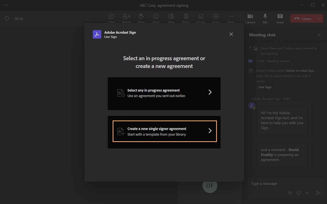 Live Signing on Acrobat Sign for Microsoft Teams.