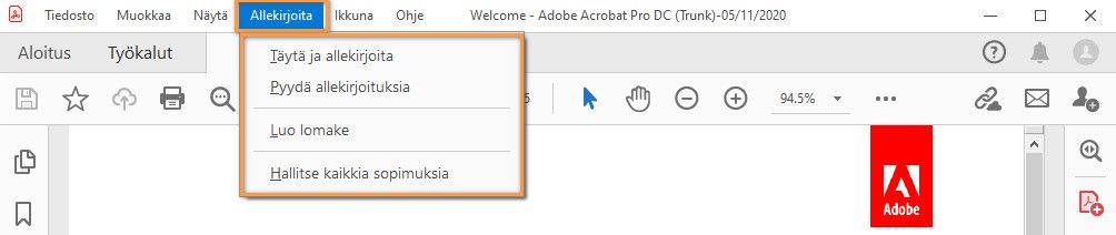 Allekirjoita-valikko