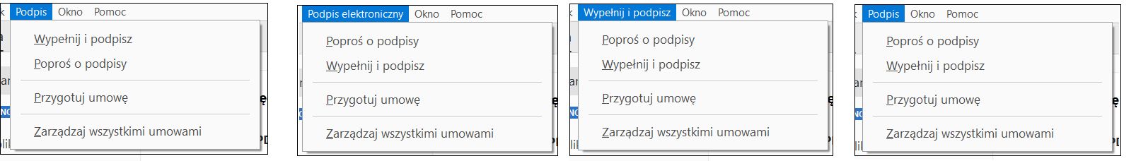 Opcje menu Podpisz