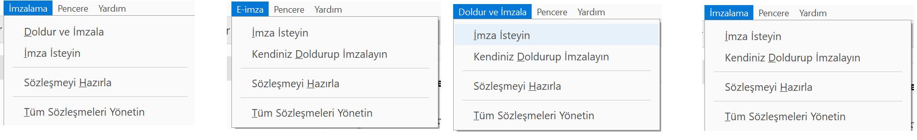 İmzalama menüsü seçenekleri
