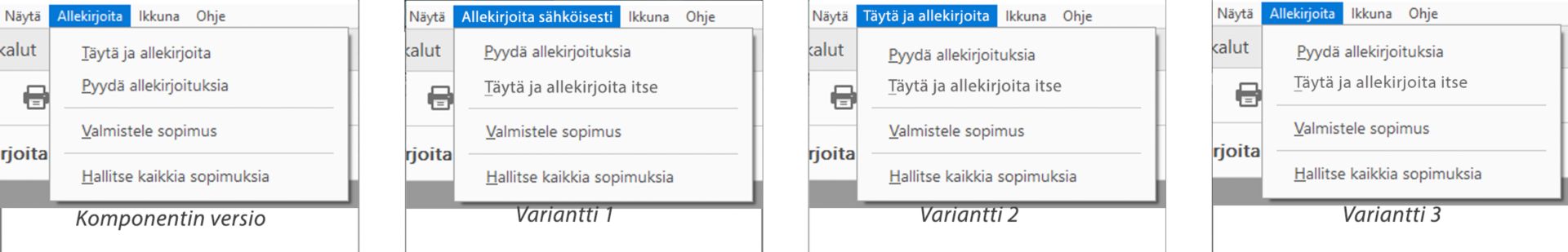 Allekirjoita-valikon vaihtoehdot