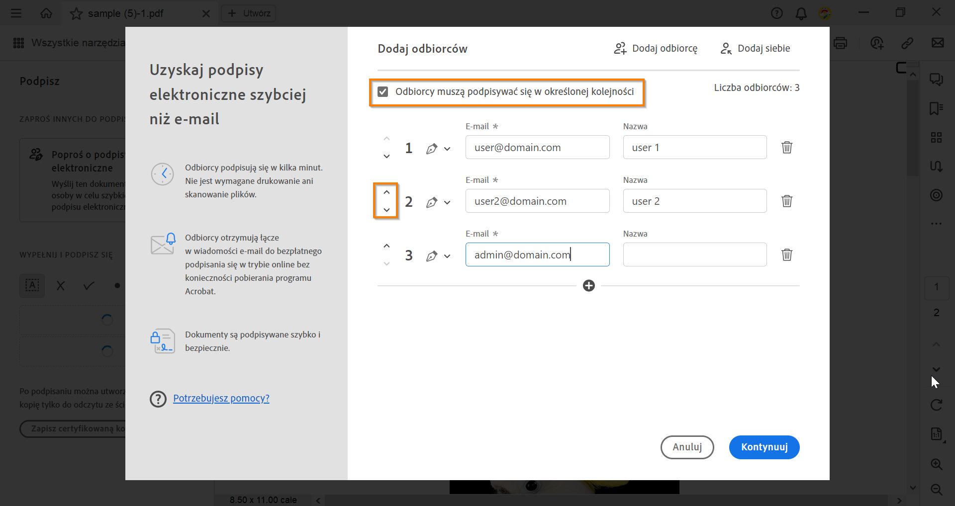 Wybierz kolejność podpisywania dokumentu