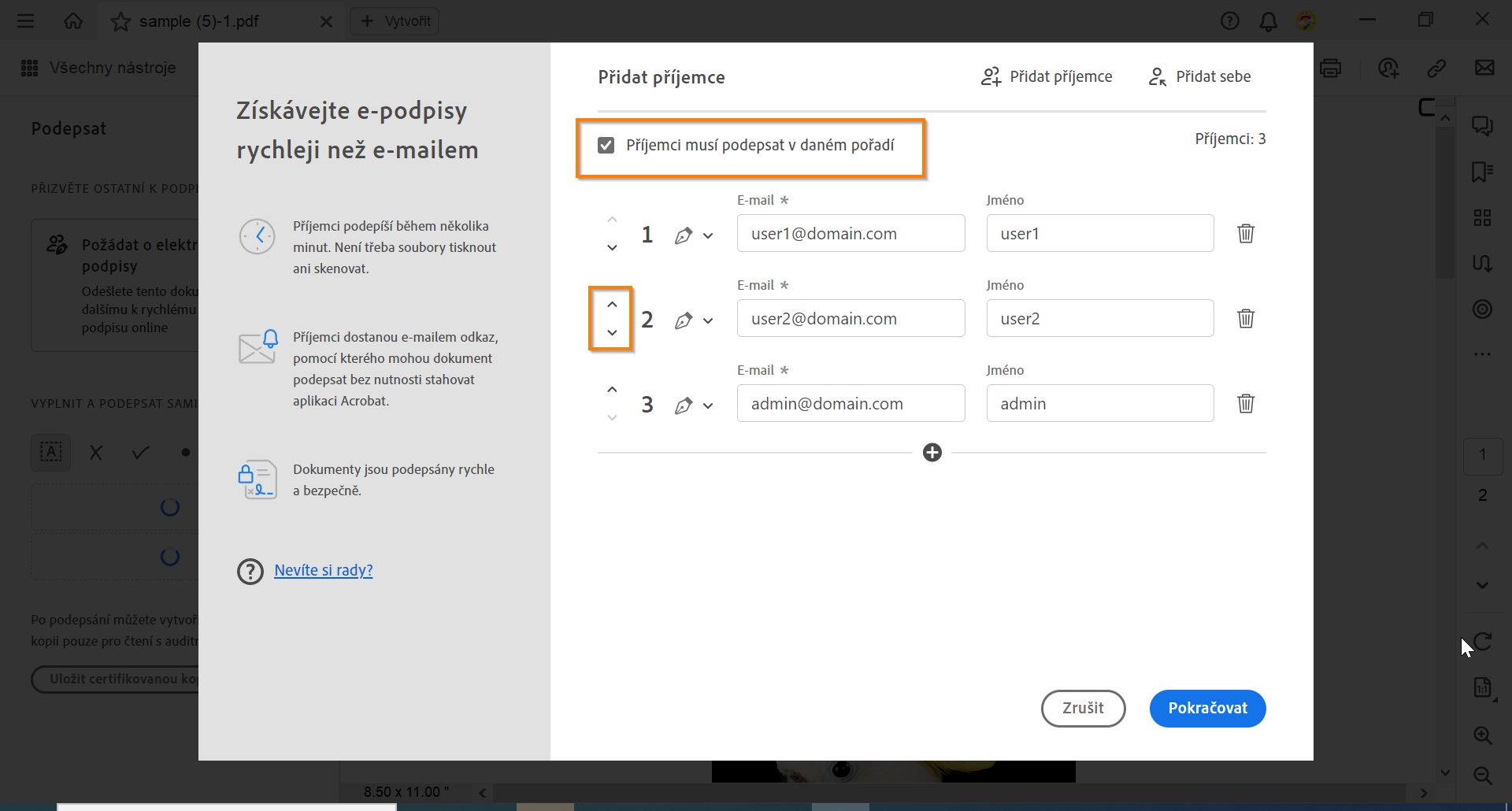 Vyberte pořadí podepisování dokumentu