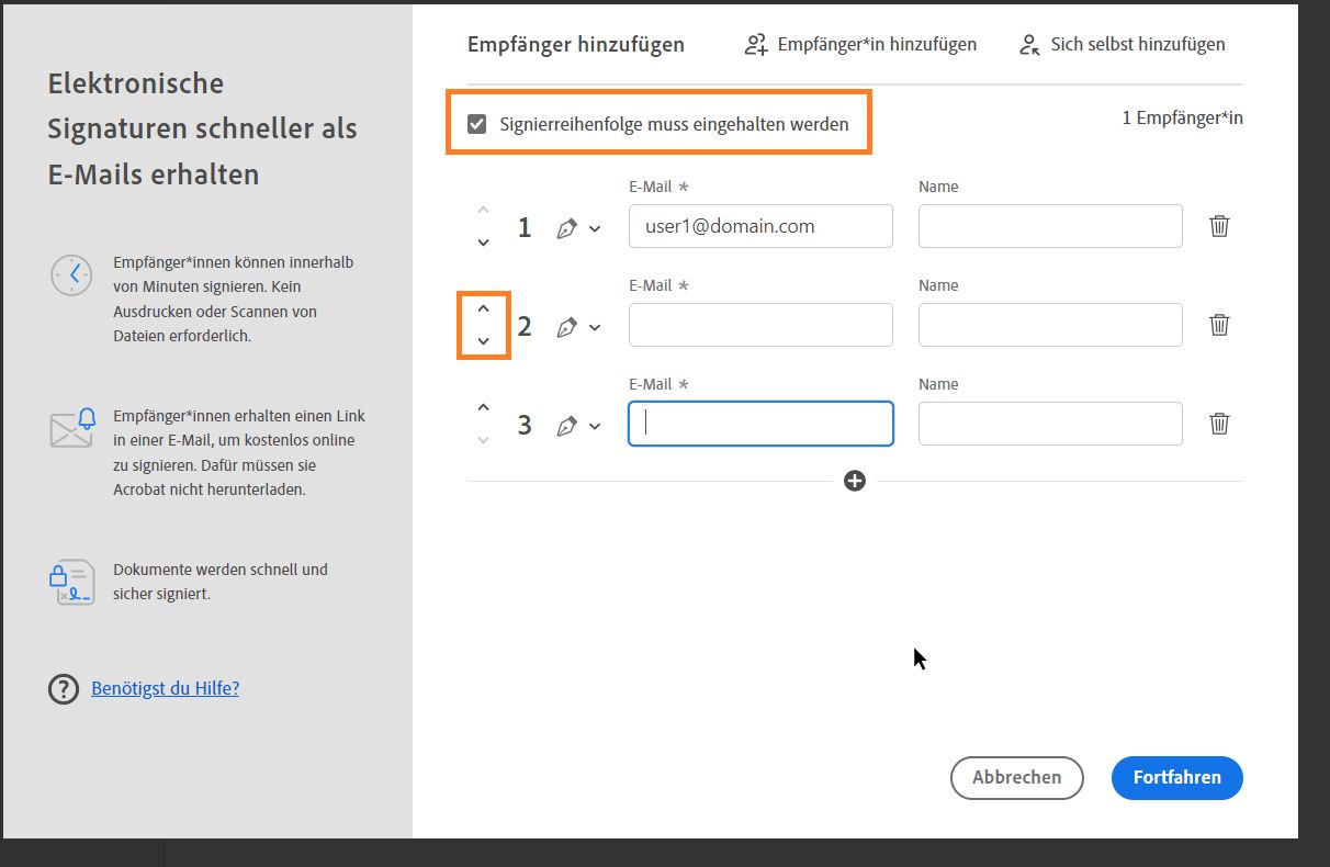 Die Signierreihenfolge für das Dokument festlegen