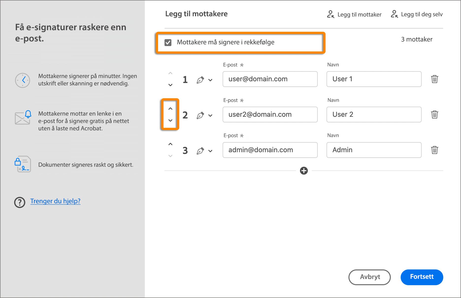 Velg signeringsrekkefølgen for dokumentet