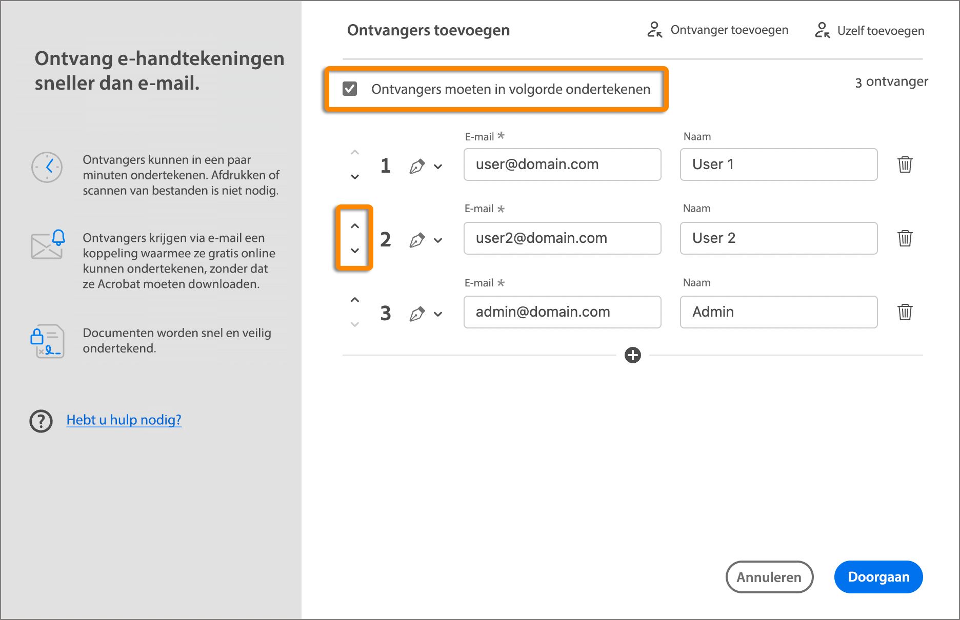 De volgorde kiezen waarin het document wordt ondertekend