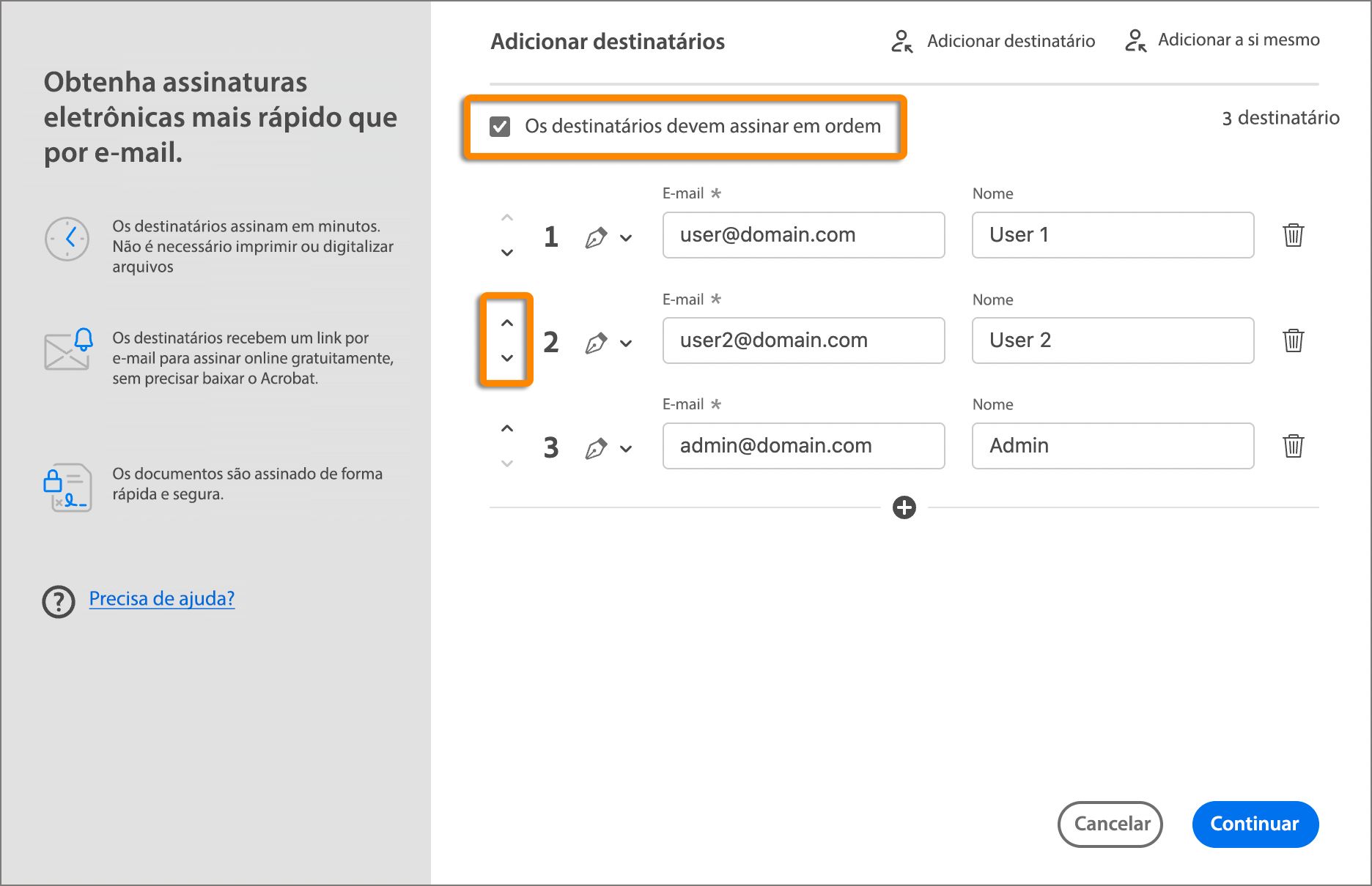 Escolha a ordem de assinatura do documento