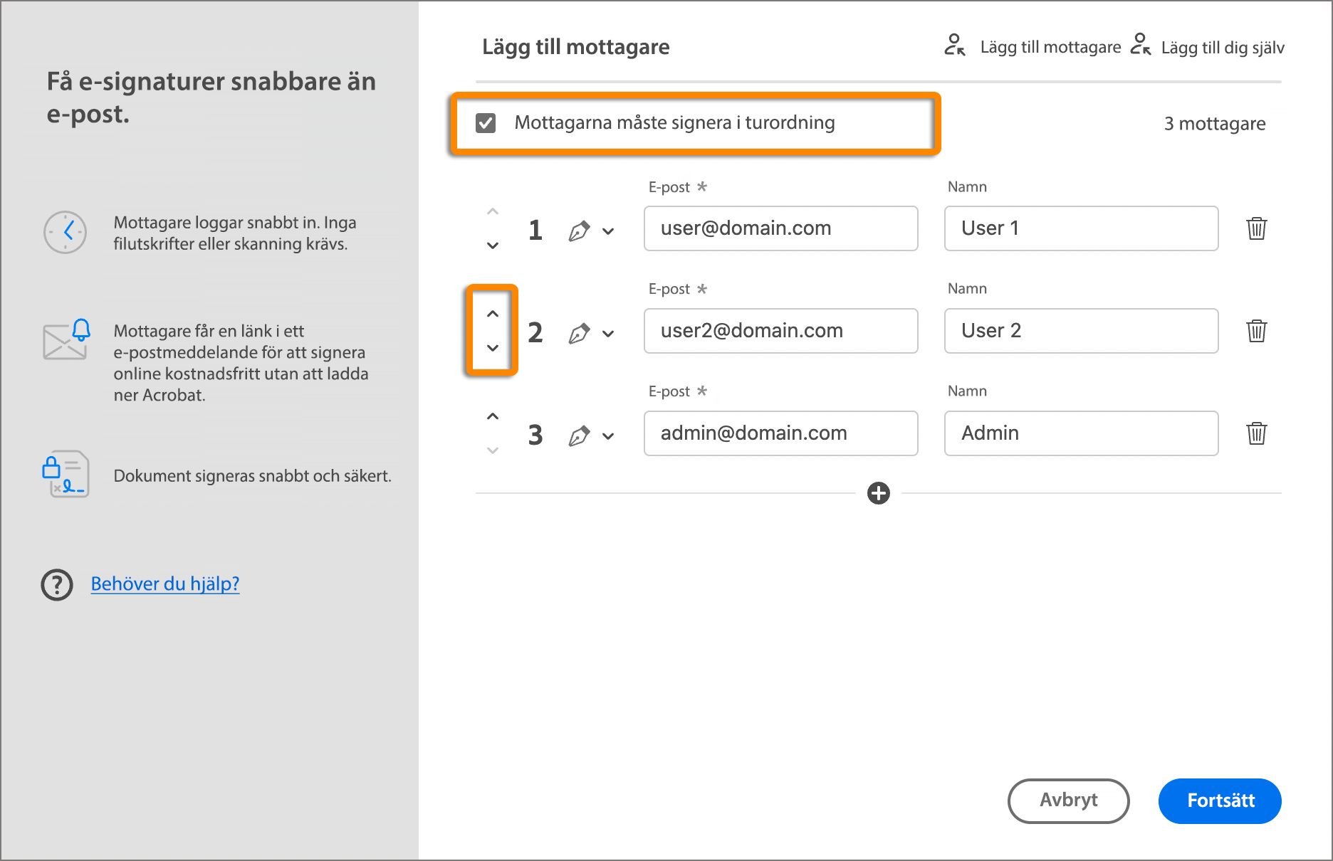 Välj ordning för signering av dokumentet