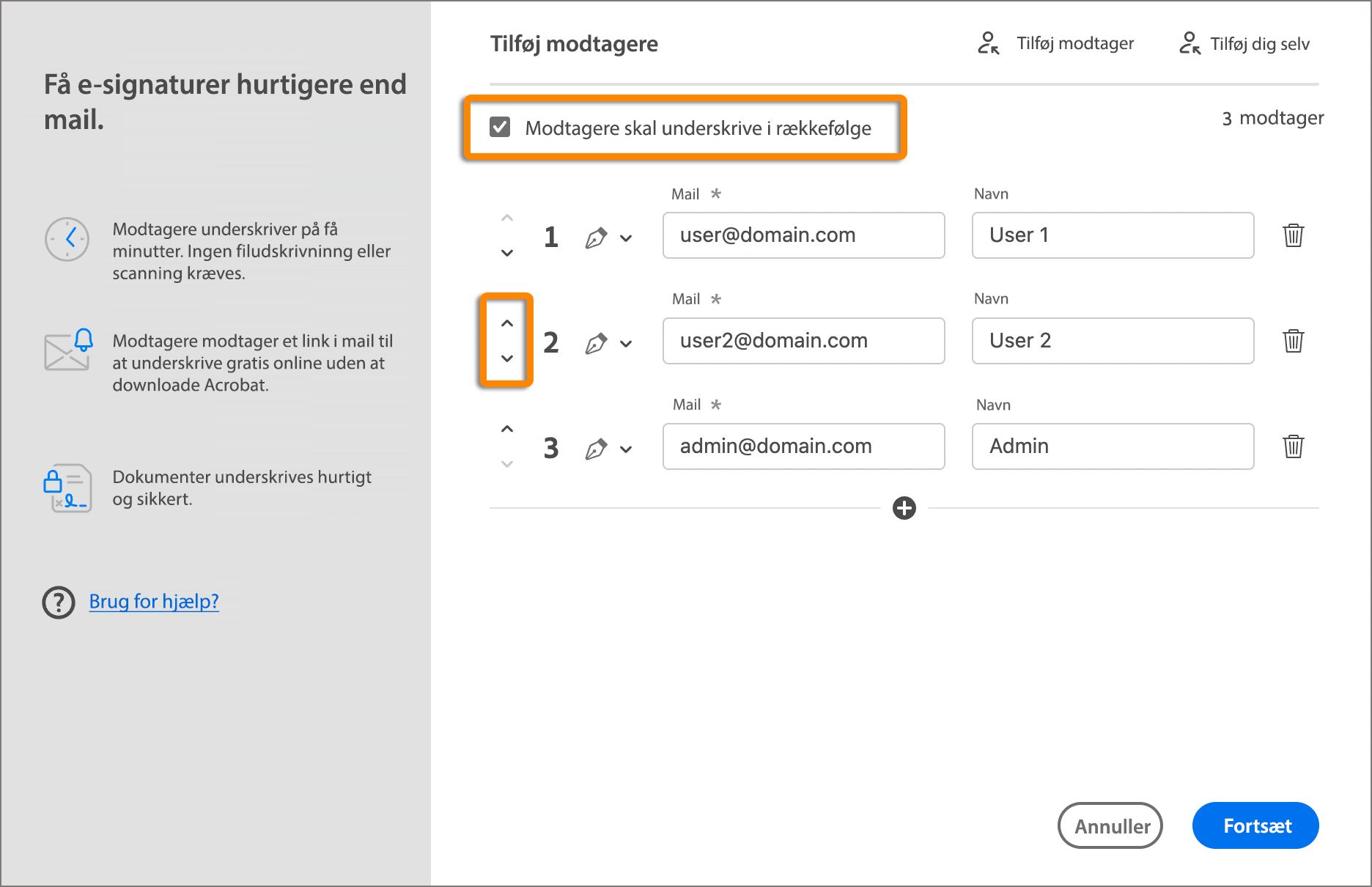 Vælg den rækkefølge, som dokumentet skal underskrives i