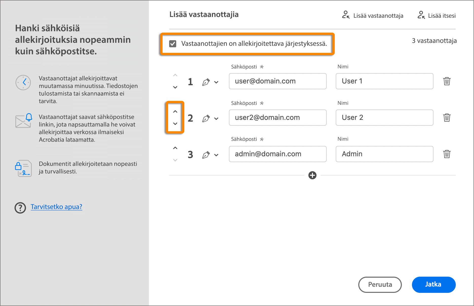 Valitse asiakirjan allekirjoitusjärjestys