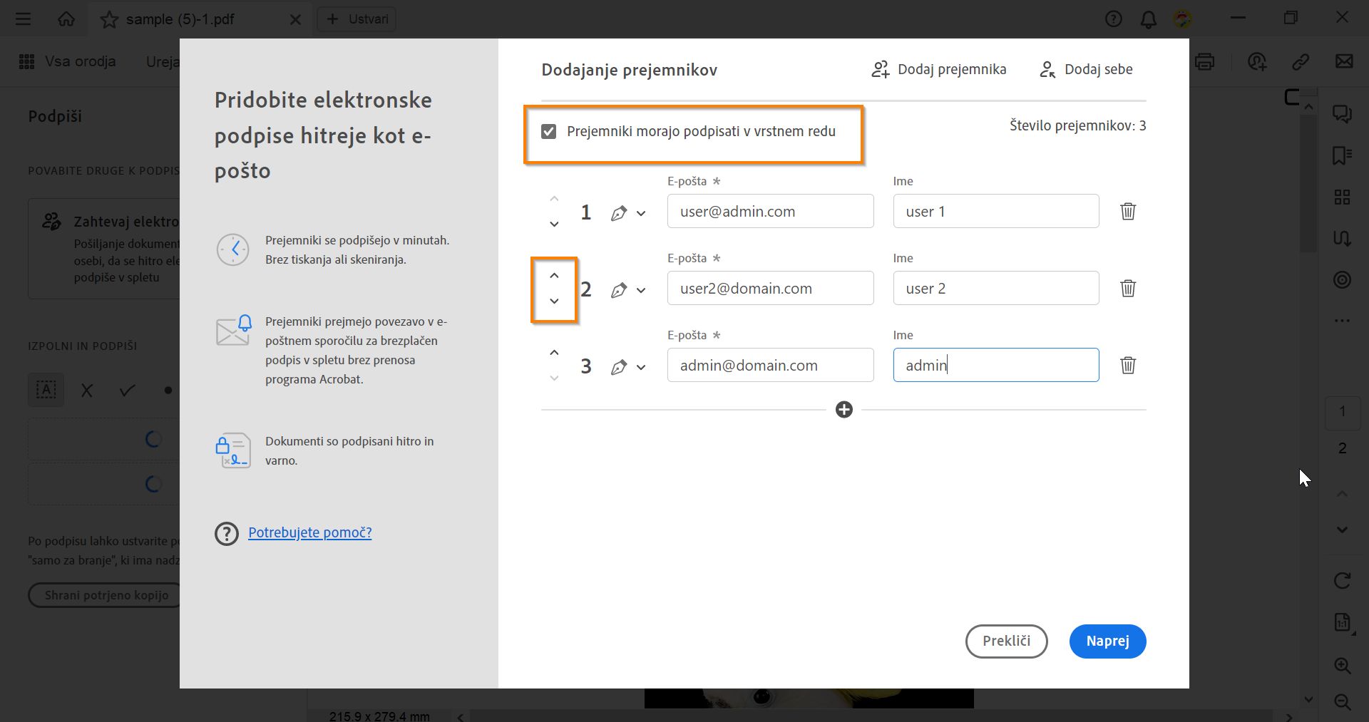 Izberite vrstni red podpisovanja dokumentov
