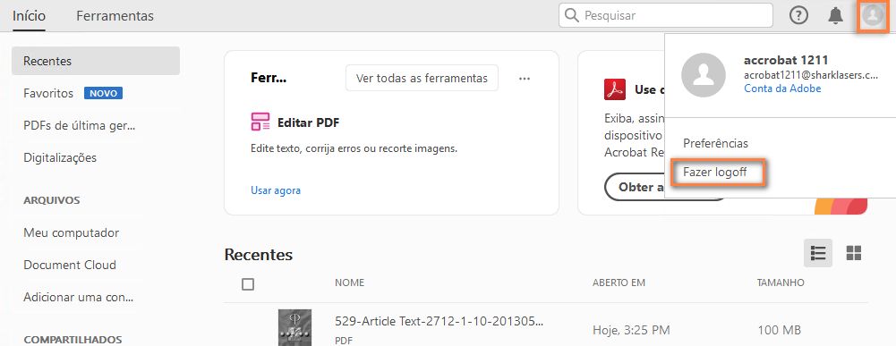 Fazer logoff no Acrobat