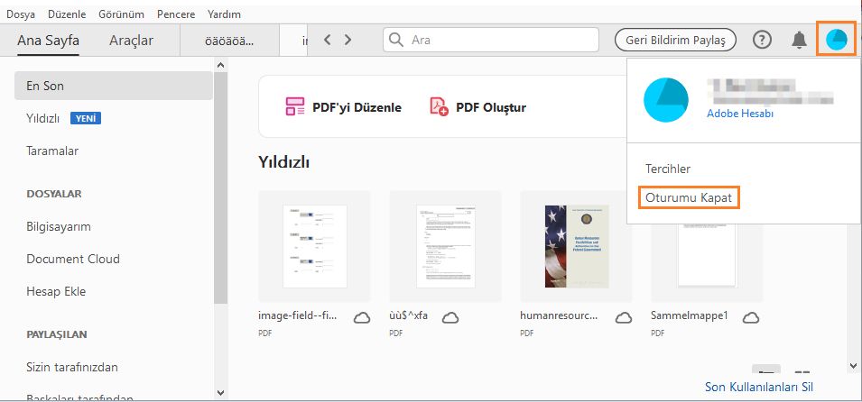 Acrobat oturumunuzu kapatın