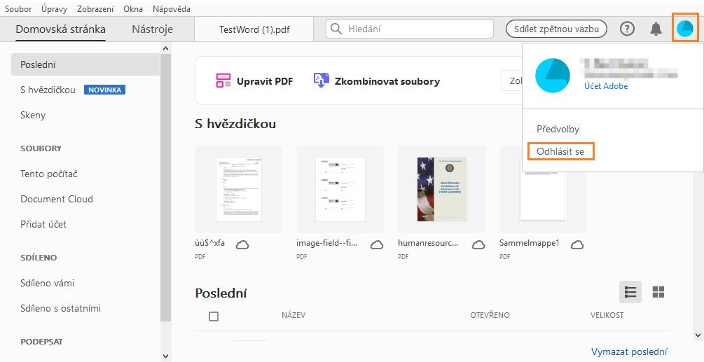 Odhlásit se z aplikace Acrobat