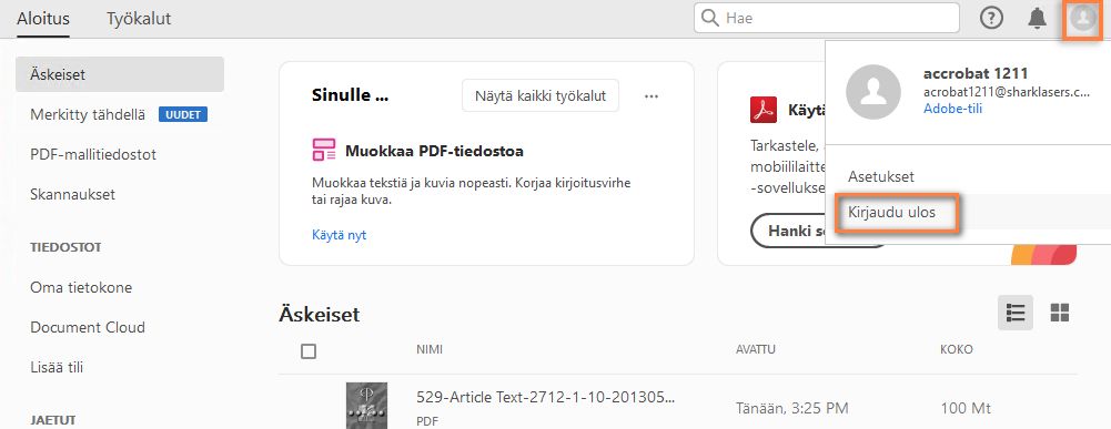 Kirjaudu ulos Acrobatista