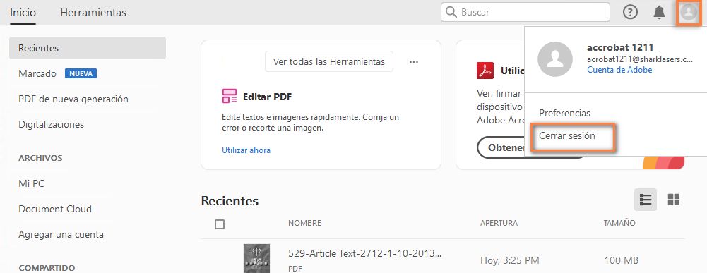 Cerrar sesión en Acrobat