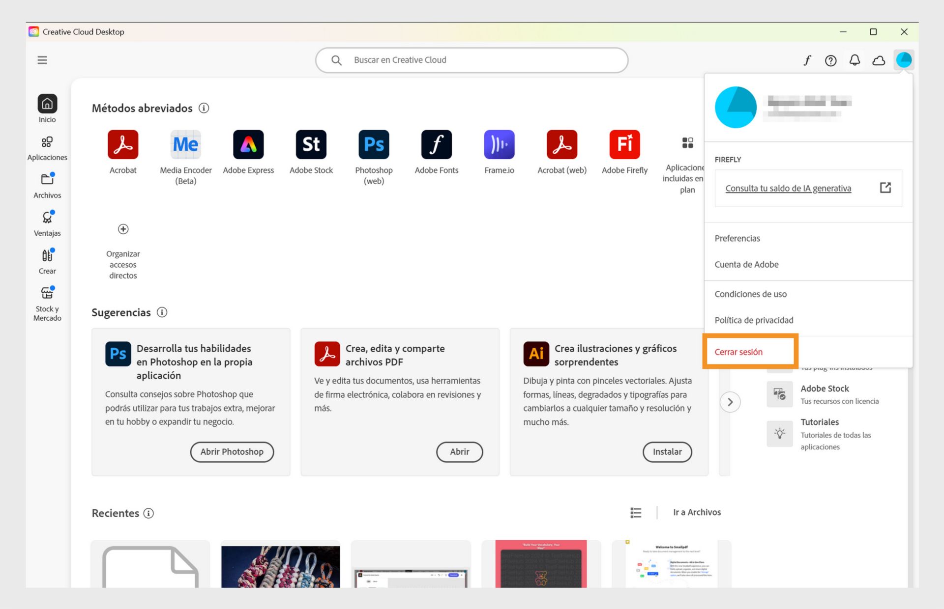 El botón del menú Cuenta disponible en la esquina superior derecha proporciona la opción de cerrar sesión en su aplicación de Creative Cloud.