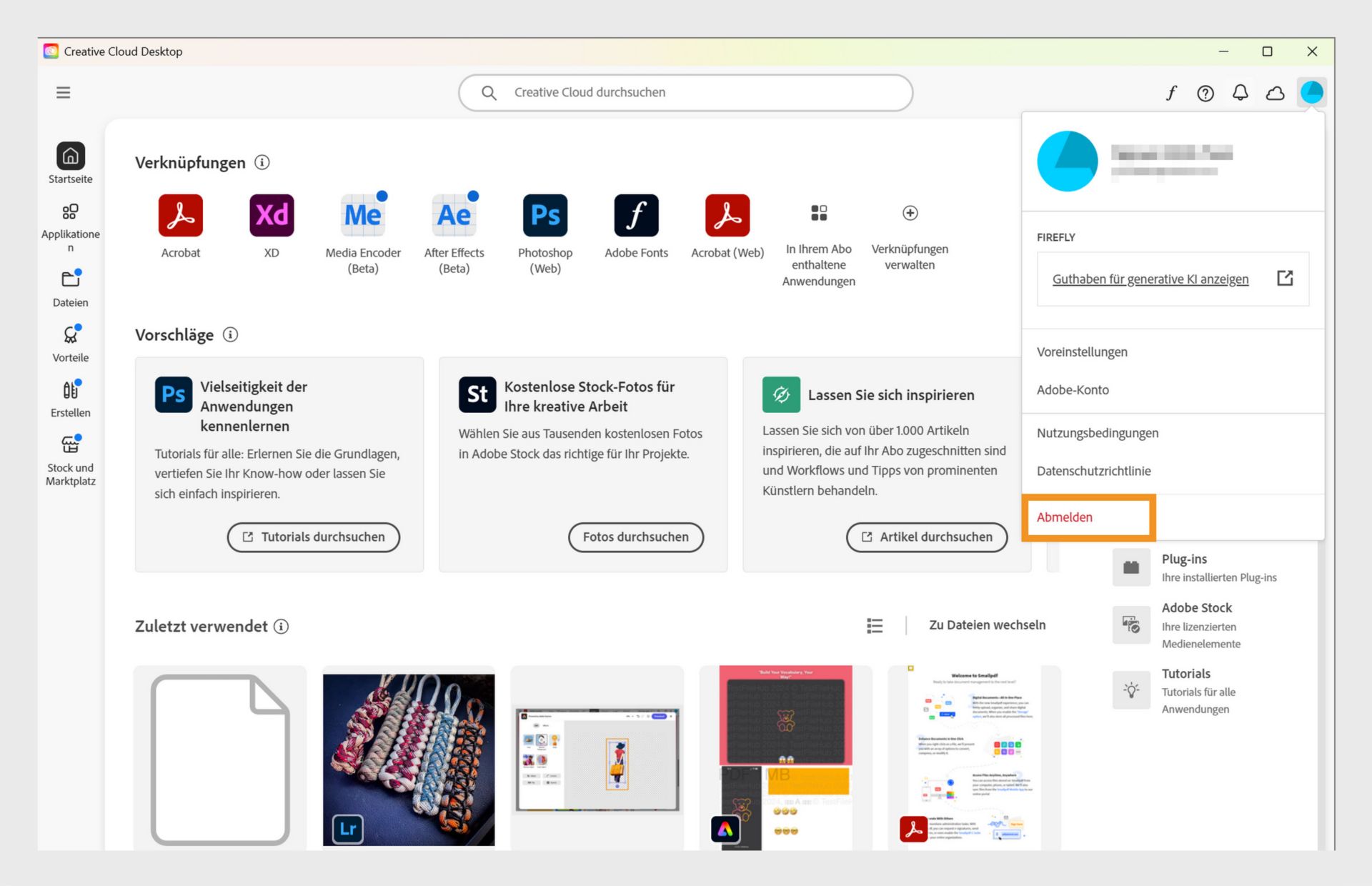 Der Button für das Konto-Menü in der oberen rechten Ecke bietet die Option, dich von deinem Creative Cloud-Client abzumelden.