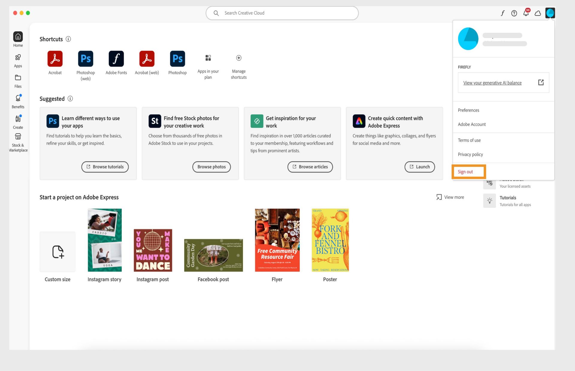 يوفر زر قائمة الحساب المتوفر في الزاوية العلوية اليمنى خيار تسجيل الخروج من تطبيق Creative Cloud.