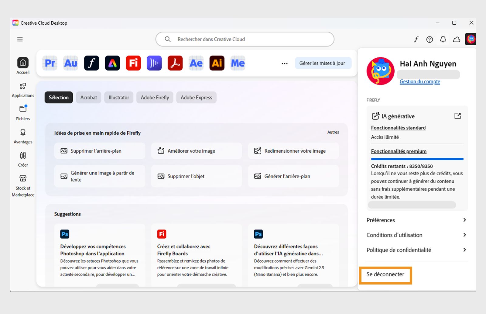 L’icône Compte en haut à droite affiche l'option Se déconnecter.