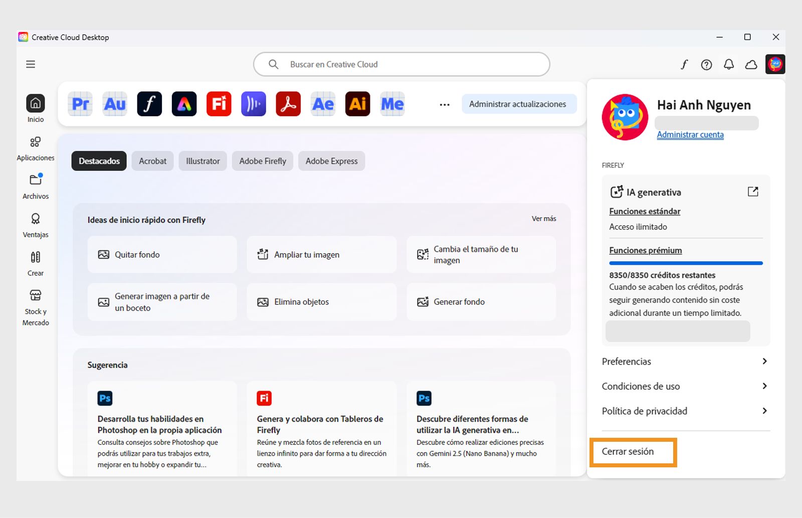 Ikona Konts augšējā labajā stūrī parāda opciju Izrakstīties.