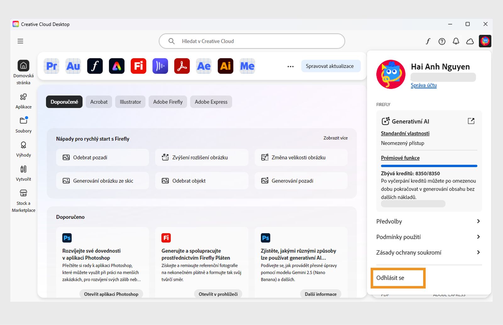 Nabídka účtu s možnostmi jako Předvolby a Odhlásit se a měsíčními generativními kredity pro funkce generativní AI. 