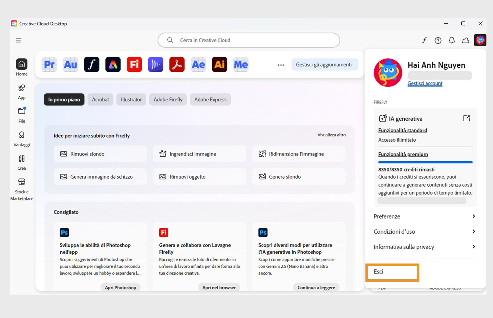 Il menu Account mostra opzioni come Preferenze, Esci e crediti generativi mensili per le funzioni di IA generativa. 