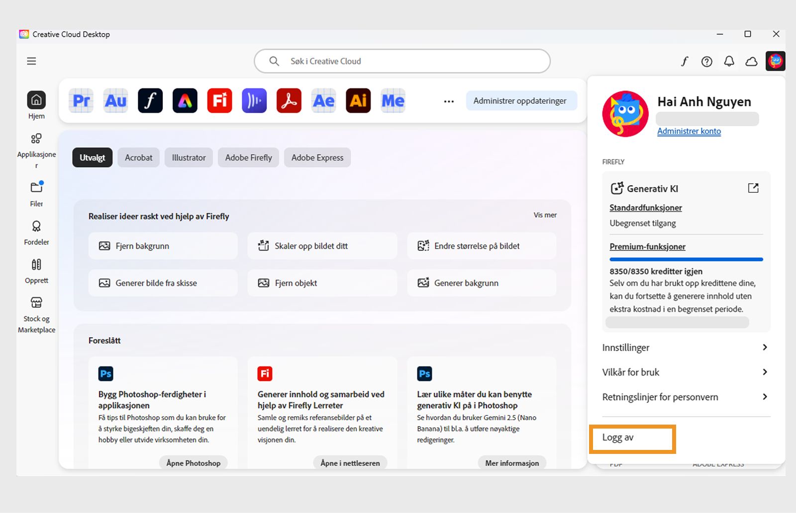 Kontomenyen som viser alternativer som Innstillinger, Logg av og månedlige generative kreditter for generativ kunstig intelligens-funksjoner. 