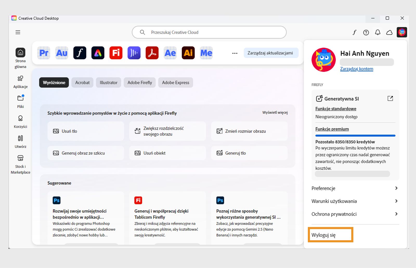 Menu Konto z opcjami takimi jak Preferencje, Wyloguj się i liczba miesięcznych kredytów generatywnych na funkcje generatywnej SI. 