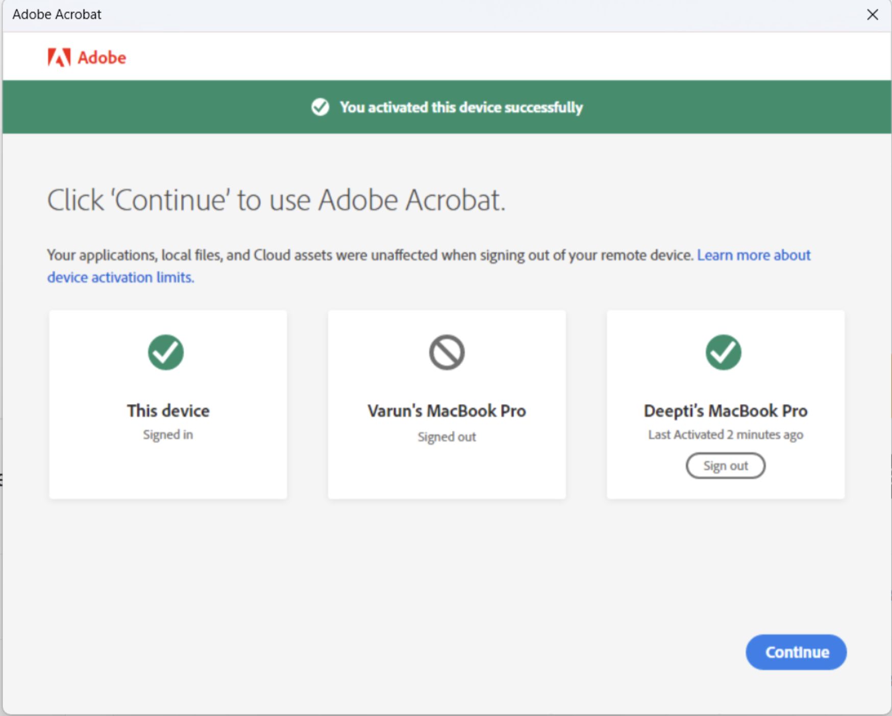 המסך של Adobe Acrobat מציג הודעה שמסבירה שהמכשיר הופעל בהצלחה. 