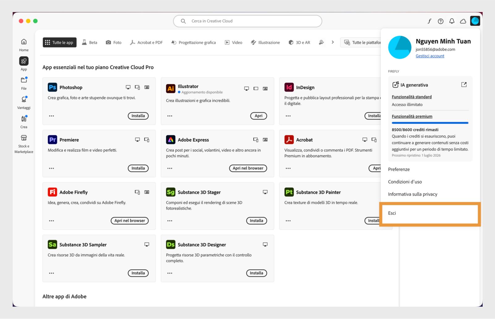 Il pulsante del menu Account disponibile nell'angolo in alto a destra fornisce l'opzione per uscire dall'app Creative Cloud.