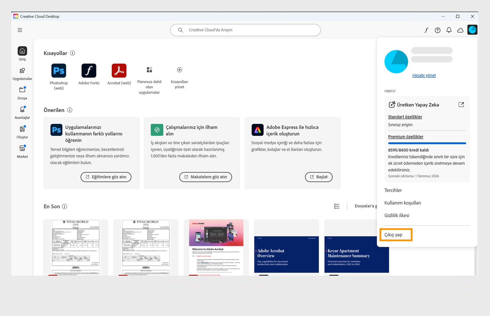 Creative Cloud masaüstü uygulamasından çıkış yapmak için sağ üst köşedeki Hesap menüsü düğmesini kullanabilirsiniz.