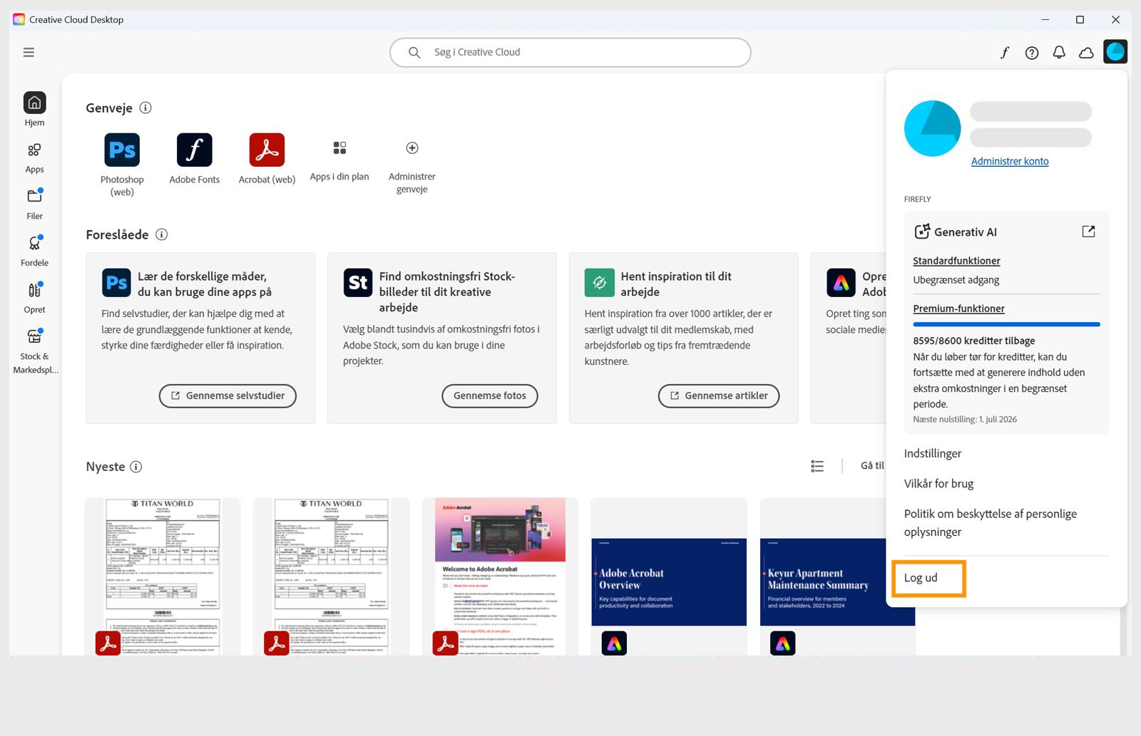 Kontomenuknappen i øverste højre hjørne gør det muligt at logge ud af Creative Cloud-computerappen.