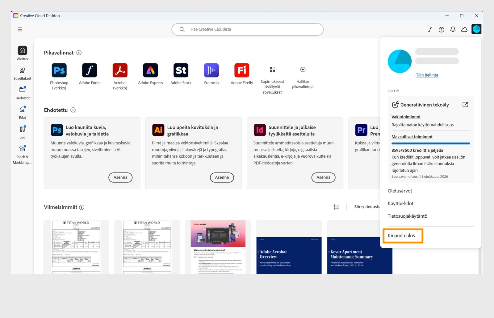 Oikeassa yläkulmassa oleva Tili-valikkopainike tarjoaa mahdollisuuden kirjautua ulos Creative Cloud -tietokonesovelluksesta.