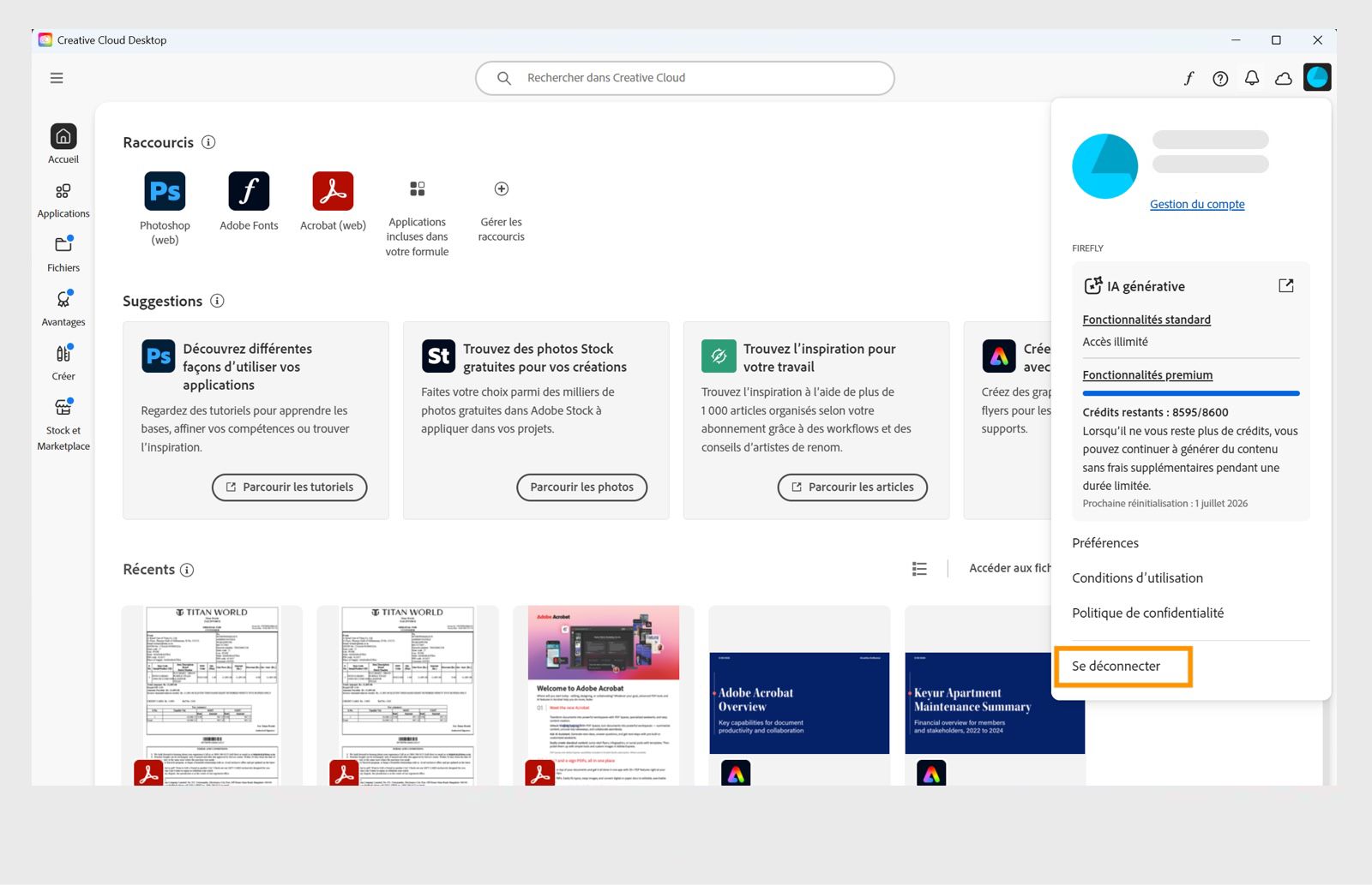 Le bouton de menu Compte disponible dans le coin supérieur droit propose une option pour vous déconnecter de votre application de bureau Creative Cloud.
