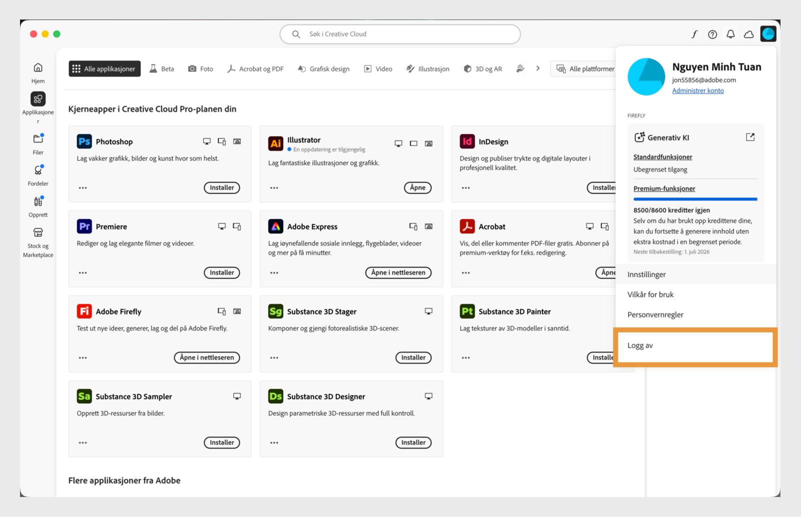 Kontoknappen som er tilgjengelig øverst til høyre, gir muligheten til å logge av fra Creative Cloud-appen din.
