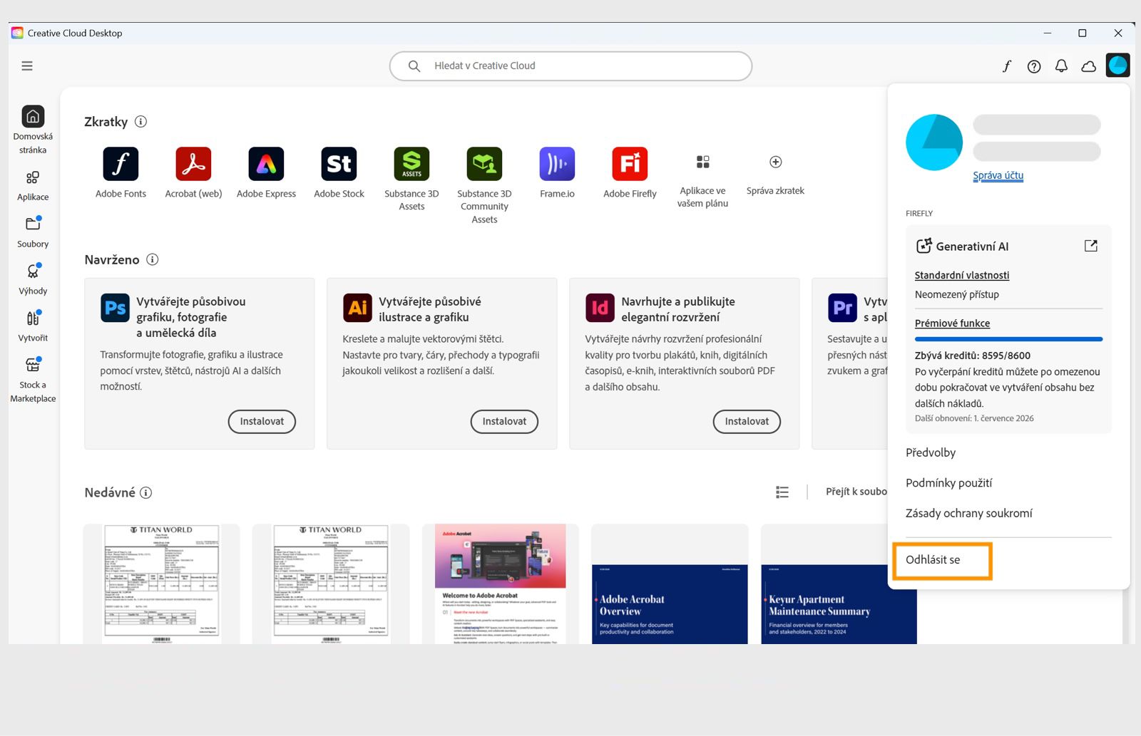 Tlačítko nabídky účtu dostupné v pravém horním rohu poskytuje možnost Odhlášení z vaší aplikace Creative Cloud.