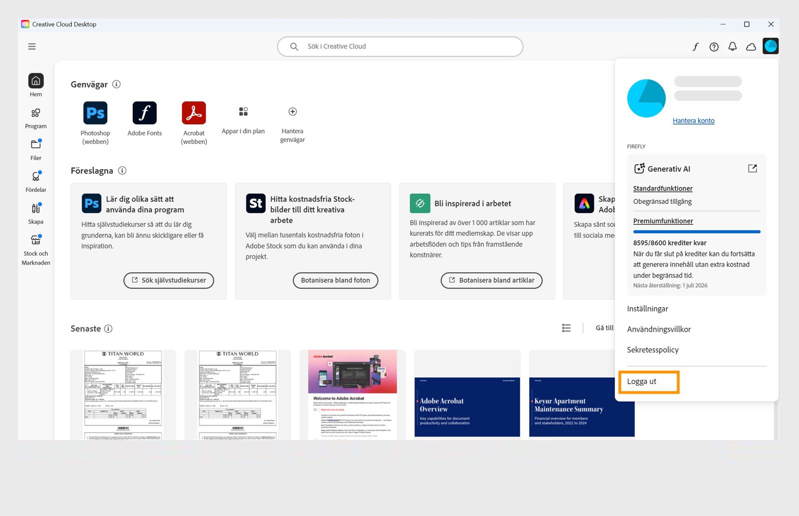 Med Konto-knappen i det övre högra hörnet kan du logga ut från Creative Cloud-programmet.