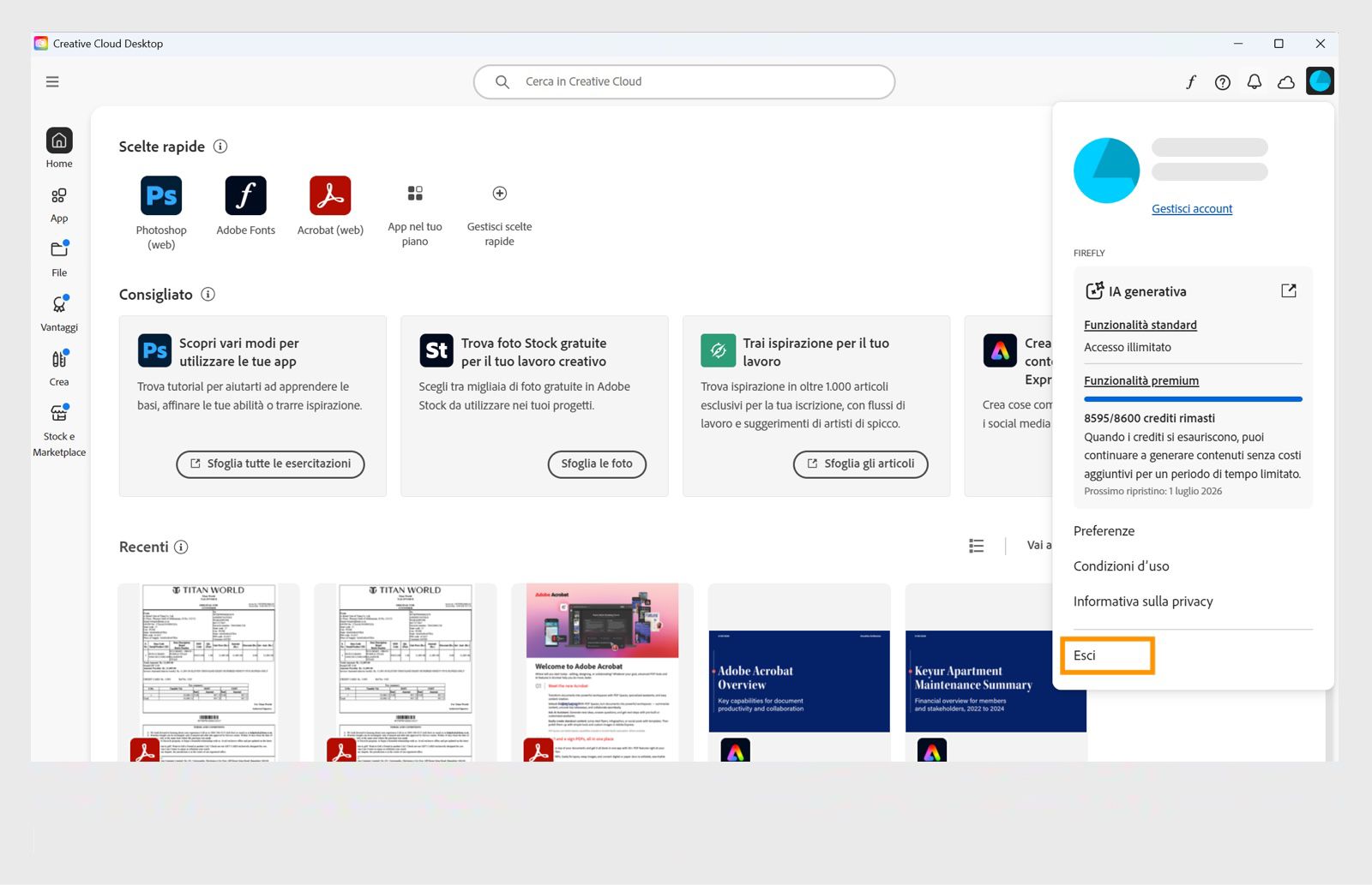 Il pulsante del menu account disponibile nell'angolo in alto a destra offre l'opzione per uscire dall'app Creative Cloud.