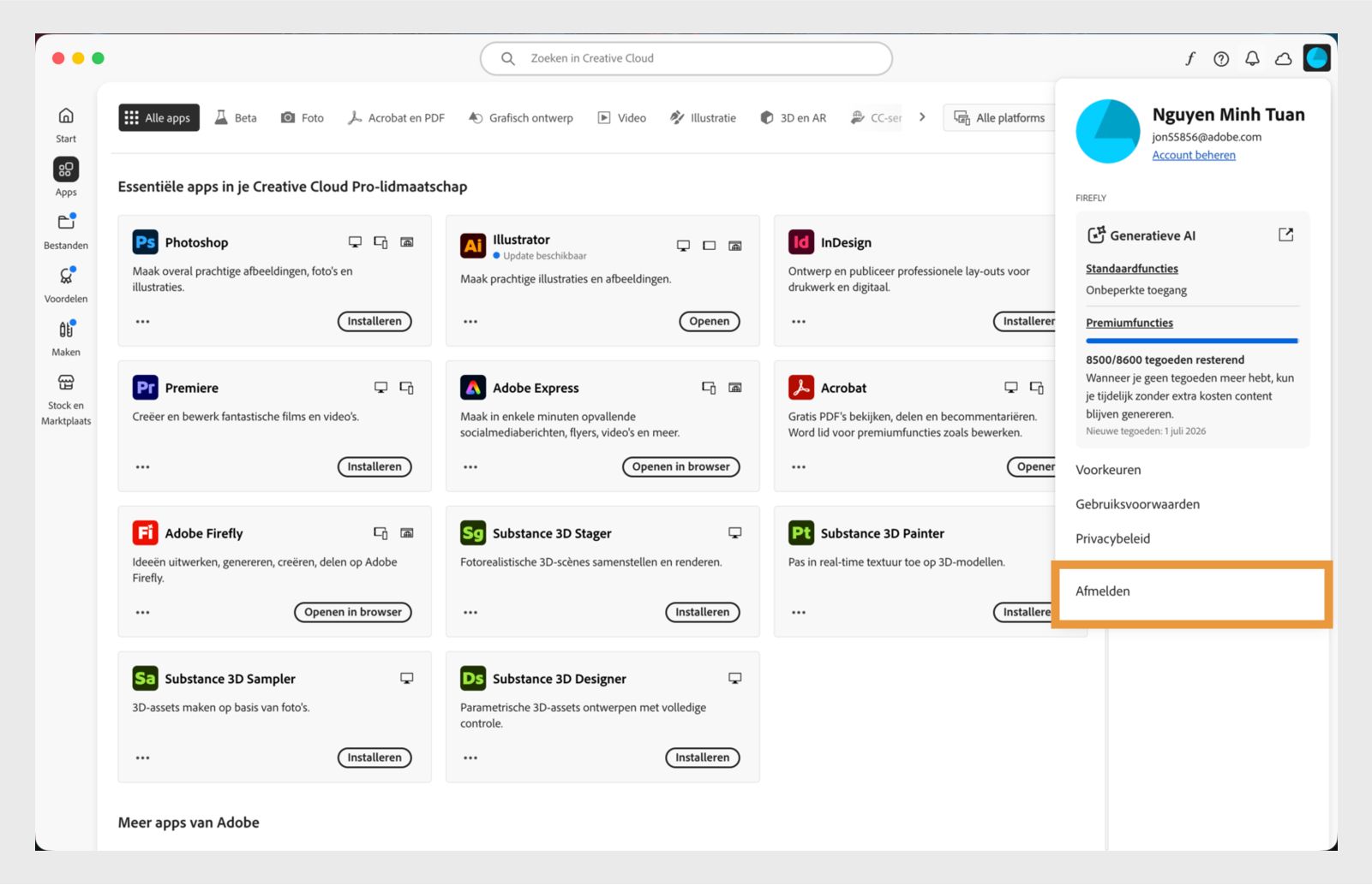De button Account-menu in de rechterbovenhoek biedt de optie om je af te melden bij je Creative Cloud desktop-applicatie.