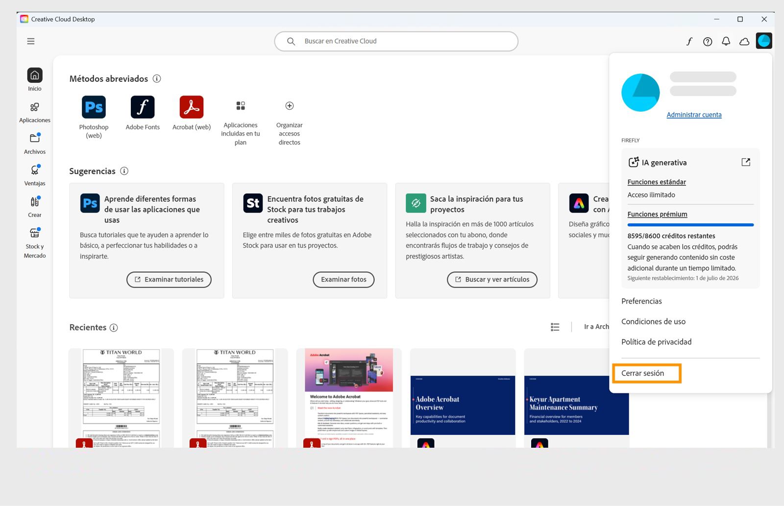 El botón del menú Cuenta disponible en la esquina superior derecha proporciona la opción de Cerrar sesión de tu aplicación de Creative Cloud.