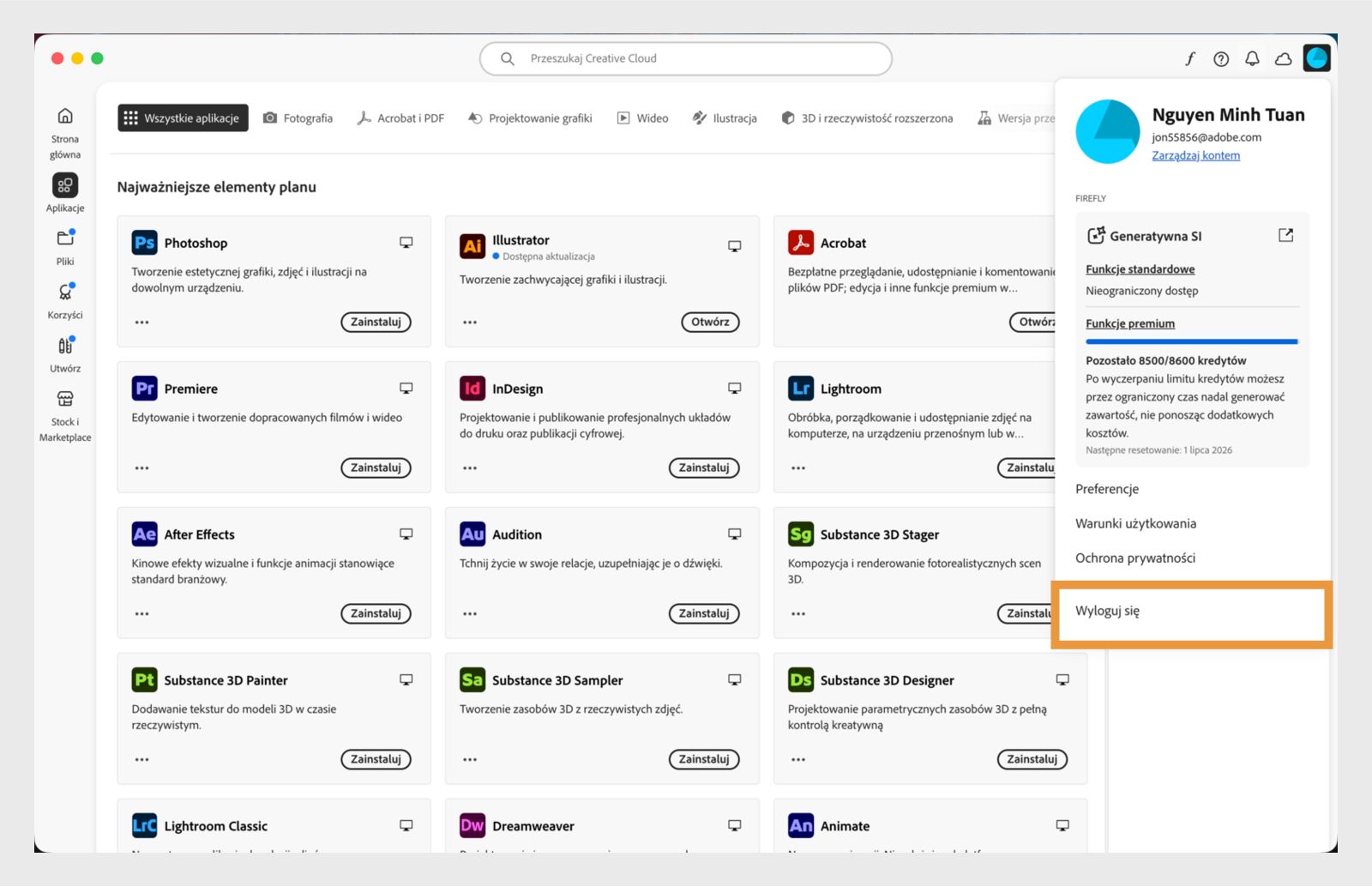 Przycisk menu Konto dostępny w prawym górnym rogu umożliwia wylogowanie się z aplikacji Creative Cloud Desktop.