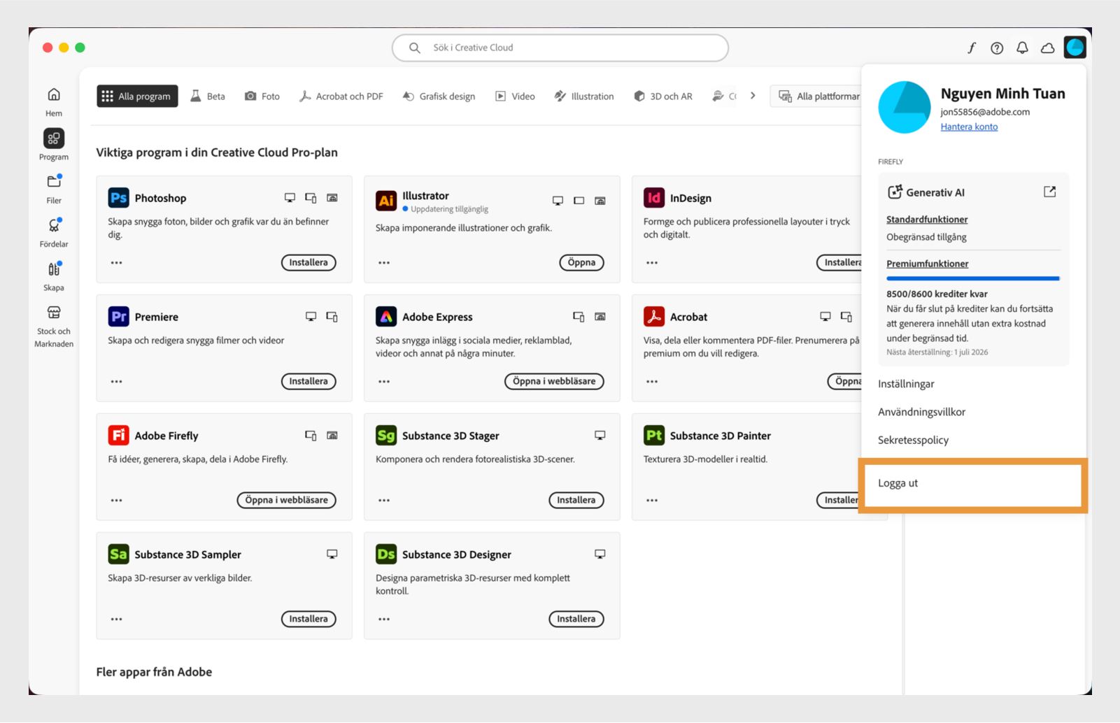 Kontoknappen som finns i det övre högra hörnet ger alternativet att logga ut från ditt Creative Cloud-program.