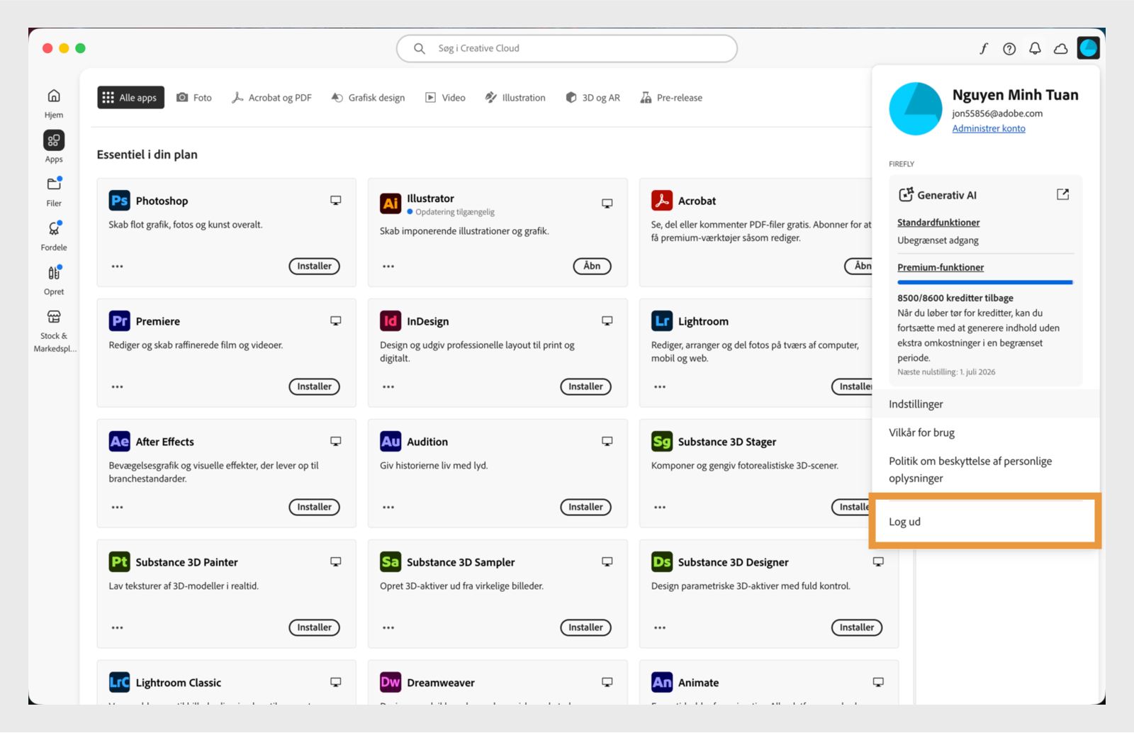 Knappen i menuen Konto, der er tilgængelig i øverste højre hjørne, giver mulighed for at logge ud af din Creative Cloud-computerapp.