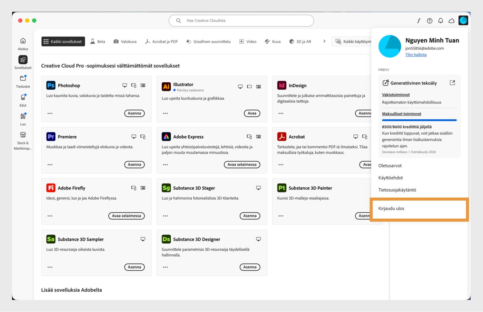 Oikeassa yläkulmassa oleva Tili-valikon painike tarjoaa mahdollisuuden kirjautua ulos Creative Cloud -sovelluksesta.